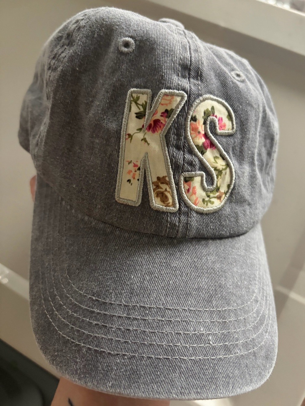 Home Free Grey Denim Kansas Floral KS Applique Baseball Cap Hat OS